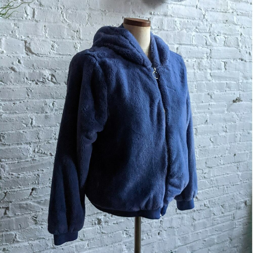 Y2K Blue Faux Fur Jacket Furry Hooded Zip Up Sweatshirt M Velvet Fuzzy Sweater - Picture 4 of 7